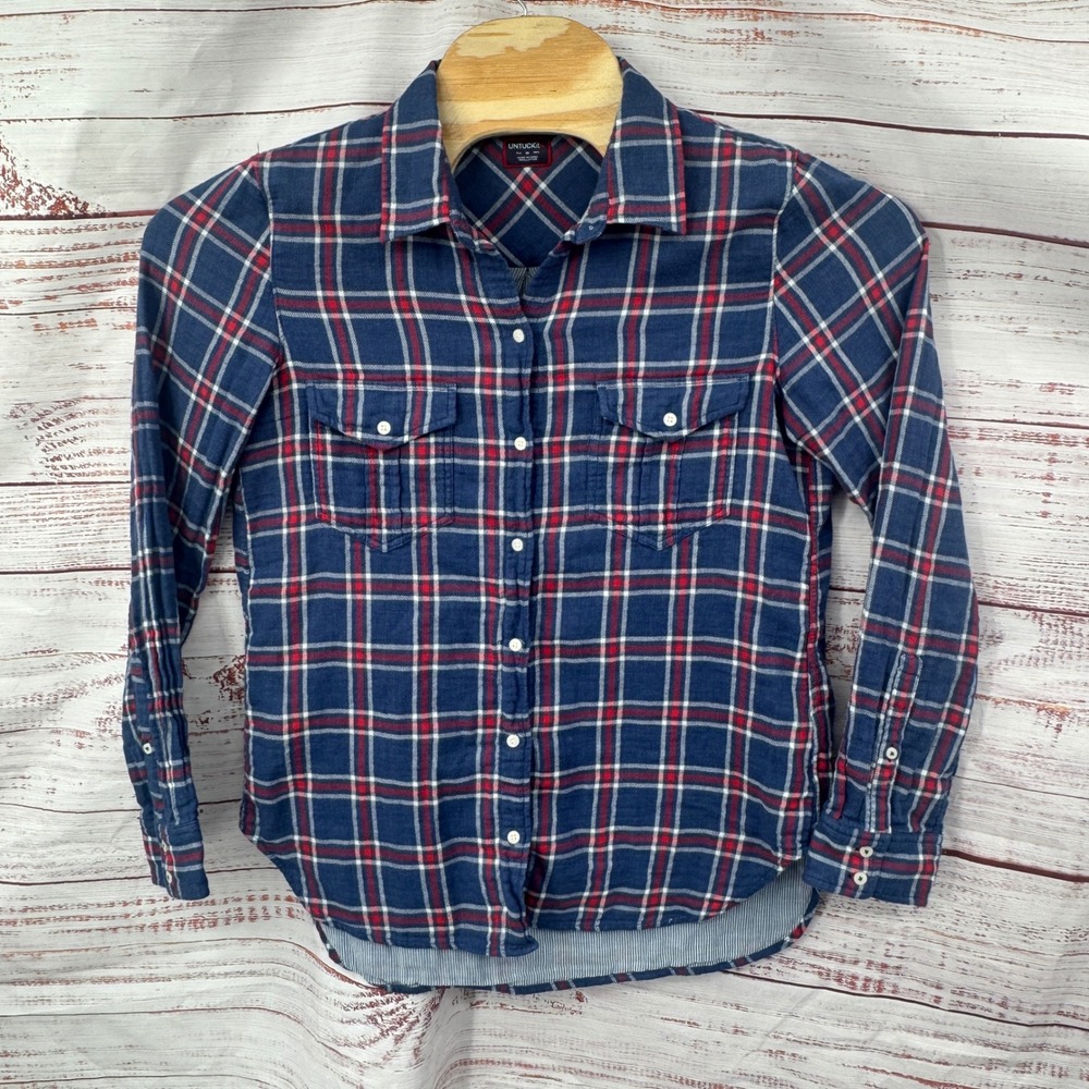 UNTUCKit Shirt Women Size 10 Plaid Button Down Long Sleeve Blue Red White Cotton